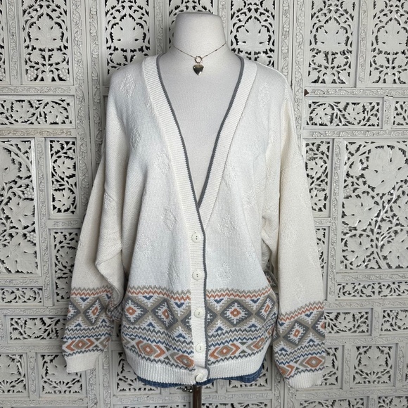 The Village Aztec Geometric Slouchy Oversized Boho Button Up Cardigan Sz Large - Picture 1 of 8
